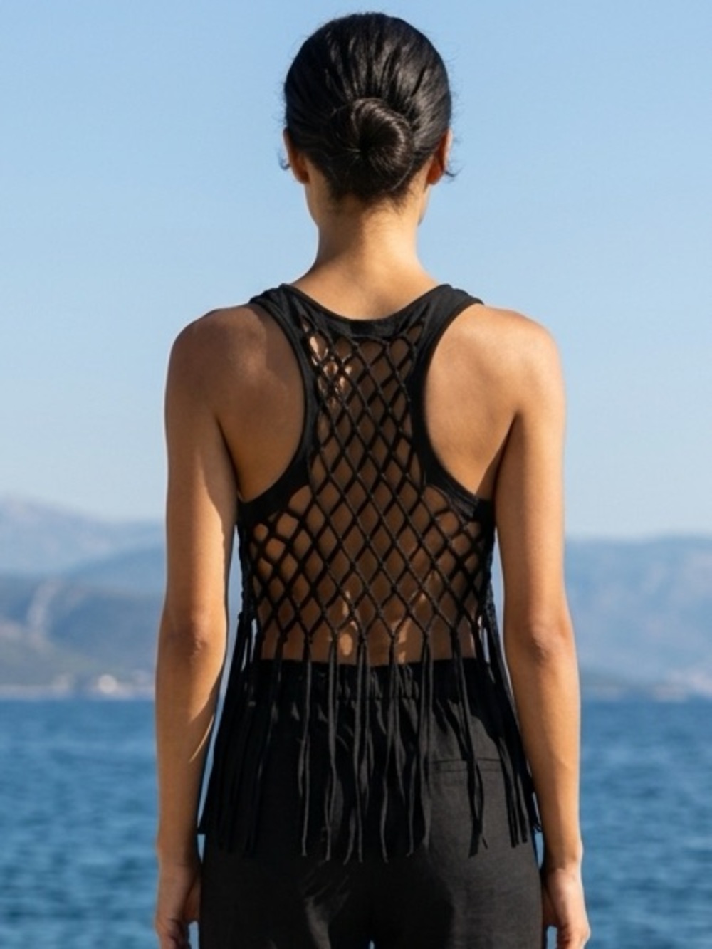 NWT RAGA Anthropologie Women’s BOHO Black Tank Top Fringe Hem Crochet - Size S
